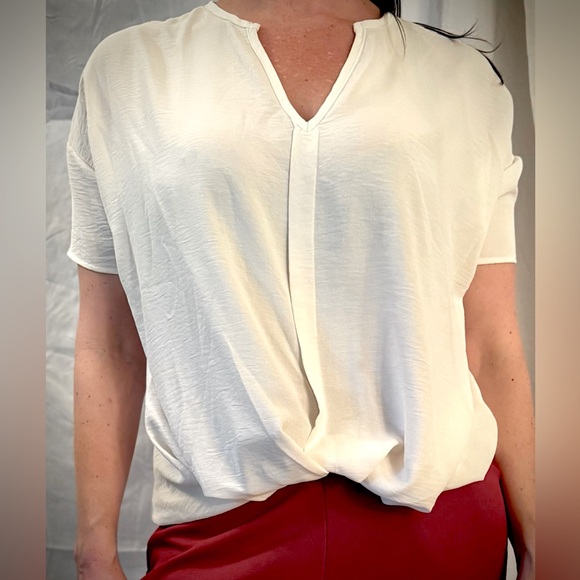 12 Pm By Mon Ami Tops - 12PM by Mon Ami Ivory Short Sleeve V-Neck Blouse with Front Twist Detail